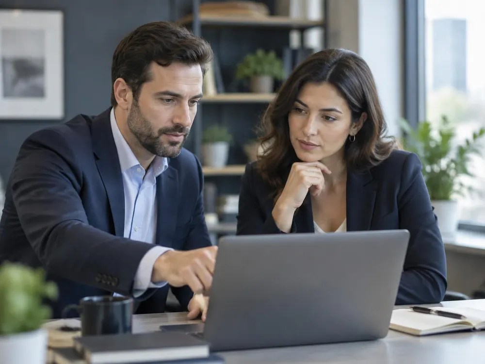Two professionals reviewing work together on a laptop in a modern office