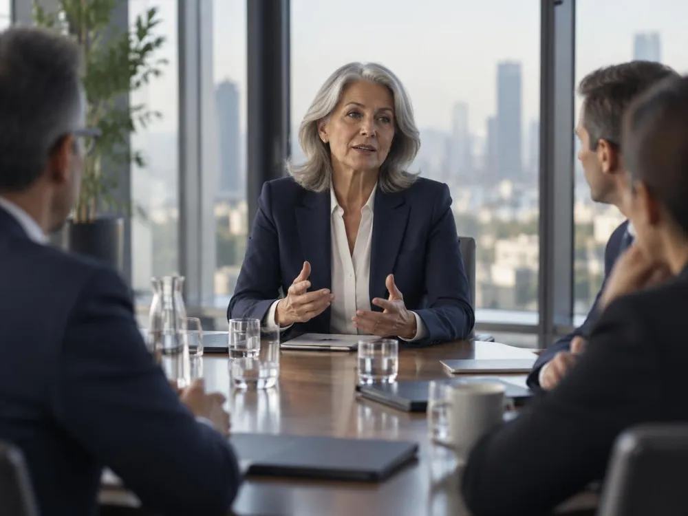 A senior leader speaking with calm authority in a boardroom meeting