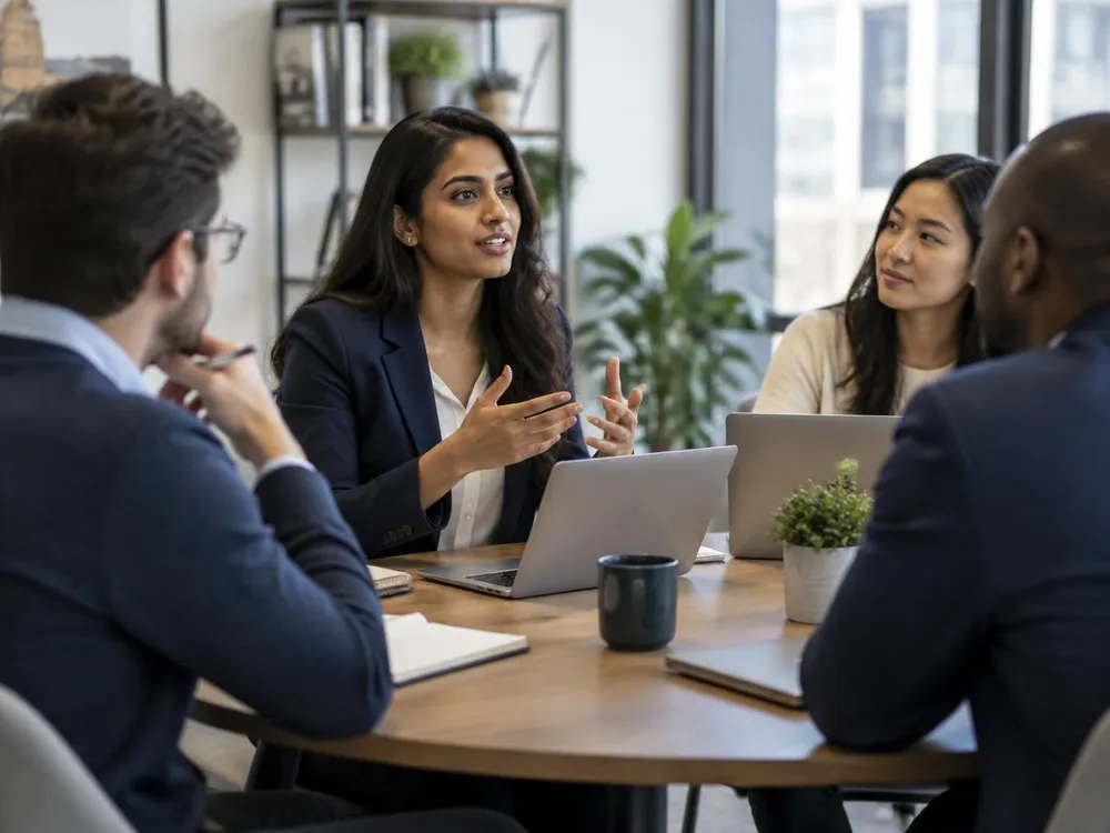 A professional contributing confidently to a small team discussion around a meeting table