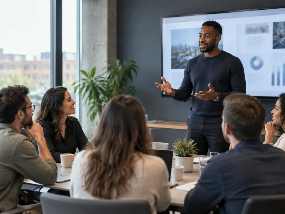 A professional presenting an idea to a small, engaged group of colleagues