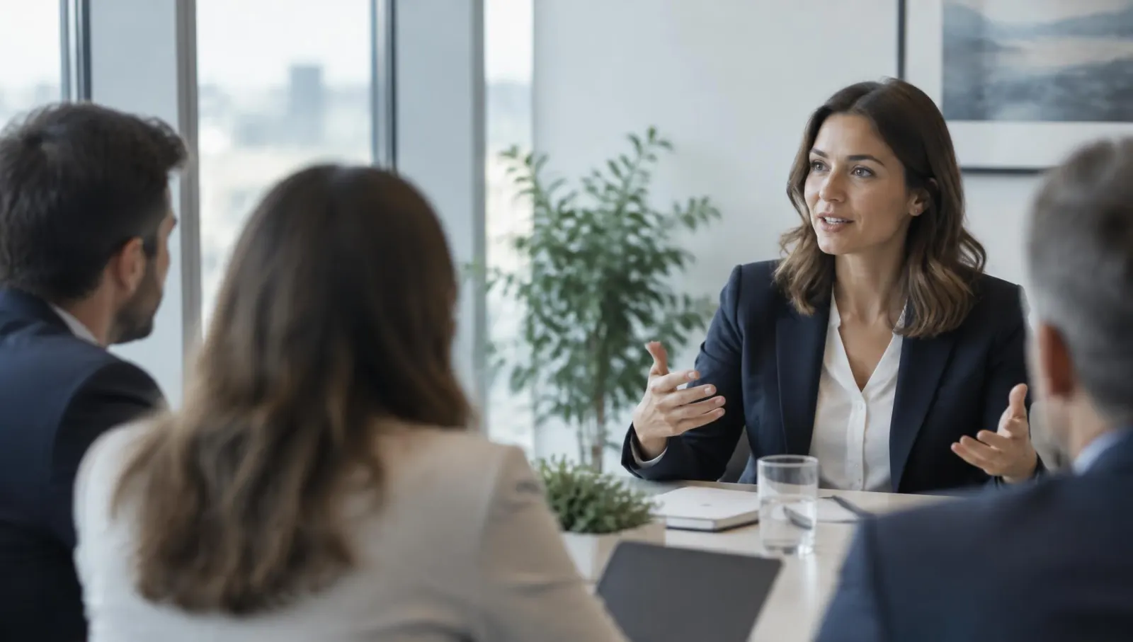 A professional woman contributing an idea to colleagues during a meeting in a modern office