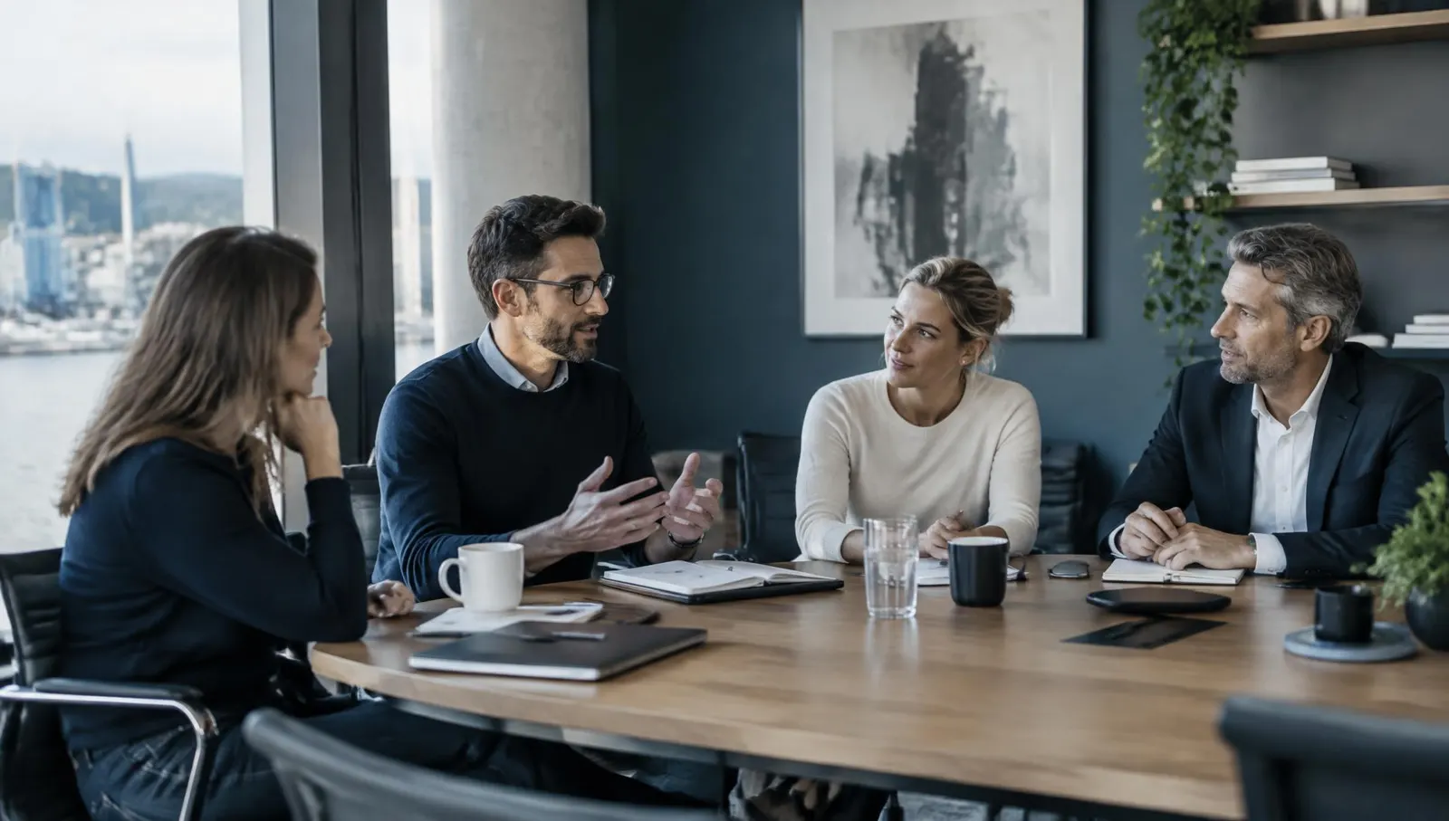 A team of professionals in conversation around a meeting table during a working session